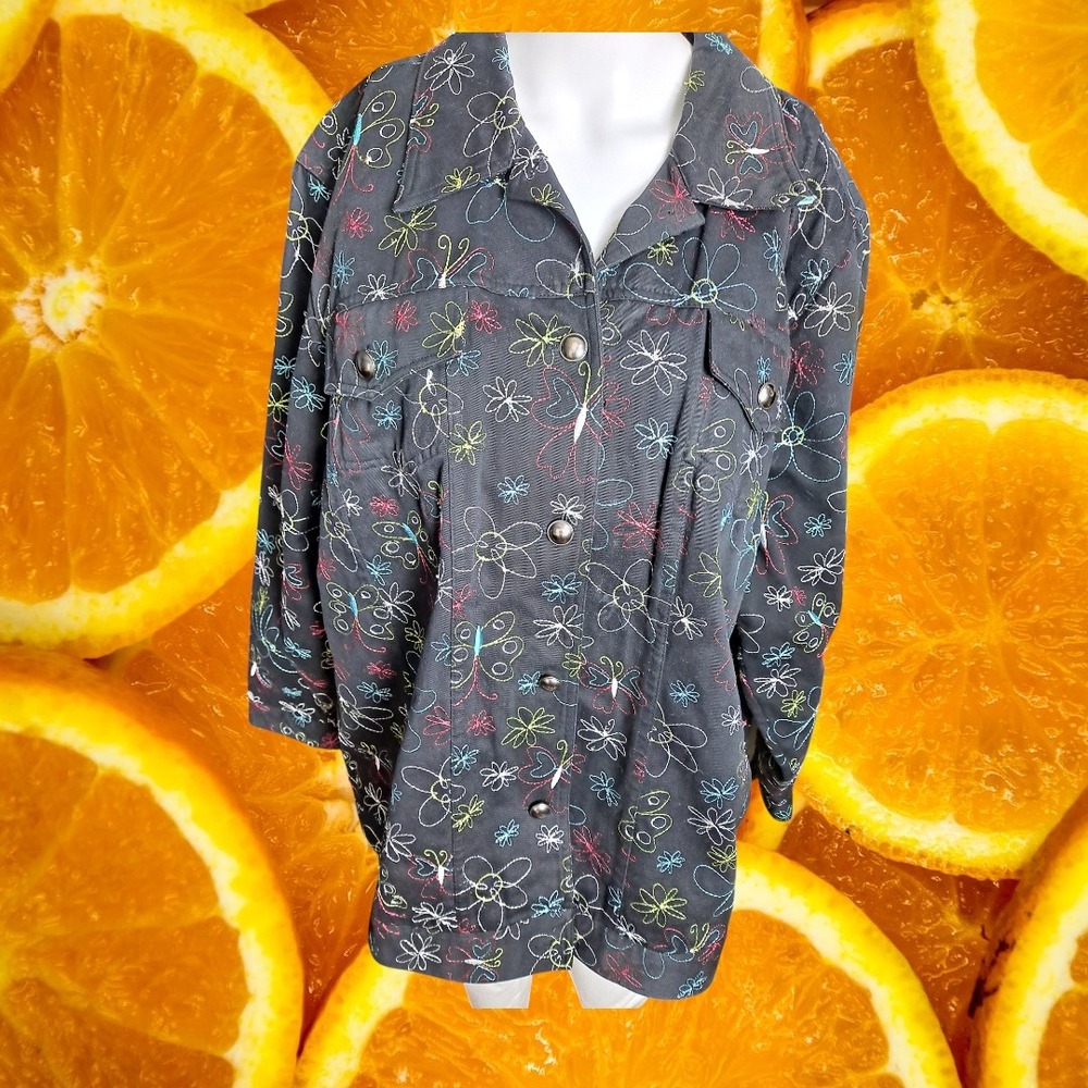 CJ‎ Banks Embroidered Floral Button Down Shirt Jacket Long Sleeve 2X